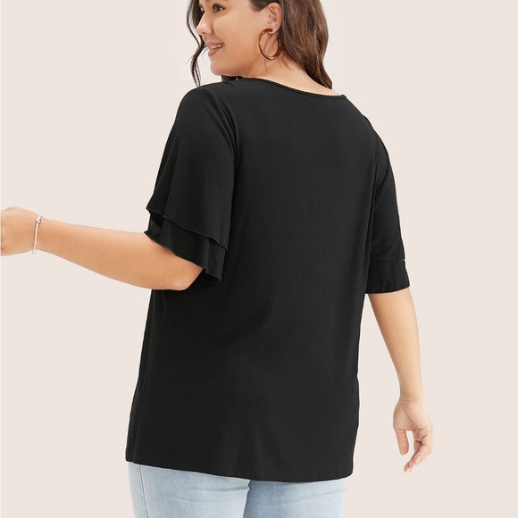 Bloomchic 1X Solid Crochet Lace Ruffle Tiered Sleeve V Neck T-shirt NWT - Picture 4 of 14